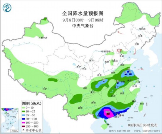 图3 全国降水量预报图(9月8日08时-9日08时)。图片来源：中央气象台网站