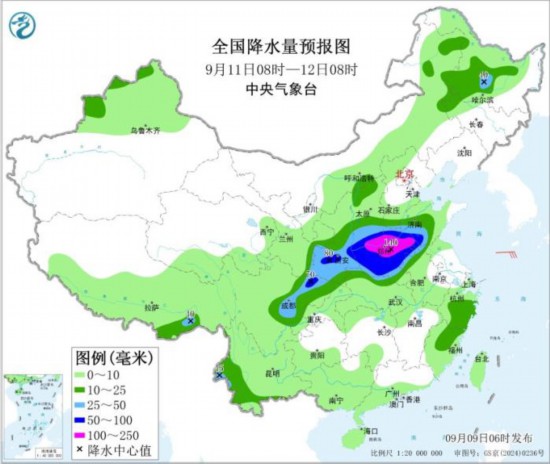 图5 全国降水量预报图(9月11日08时-12日08时)。图片来源：中央气象台网站