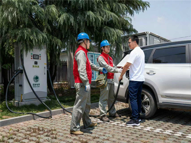 国网湖北电力员工在鄂州市峒山村社区乡村旅游点“光储充”充电站巡检设备,并协助前来游玩的旅客充电。涂思远摄