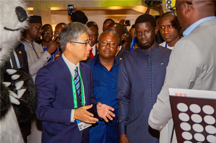 图为在中国驻塞内加尔大使李志刚的陪同下,塞内加尔政要参观中国展区。中国驻塞内加尔大使馆供图