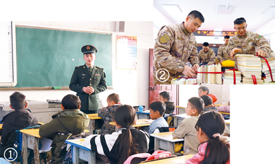“雷锋班”所在连队官兵开展爱心助学活动。图①:战士为学生讲雷锋的故事。图②:官兵捐赠图书。李东雪摄