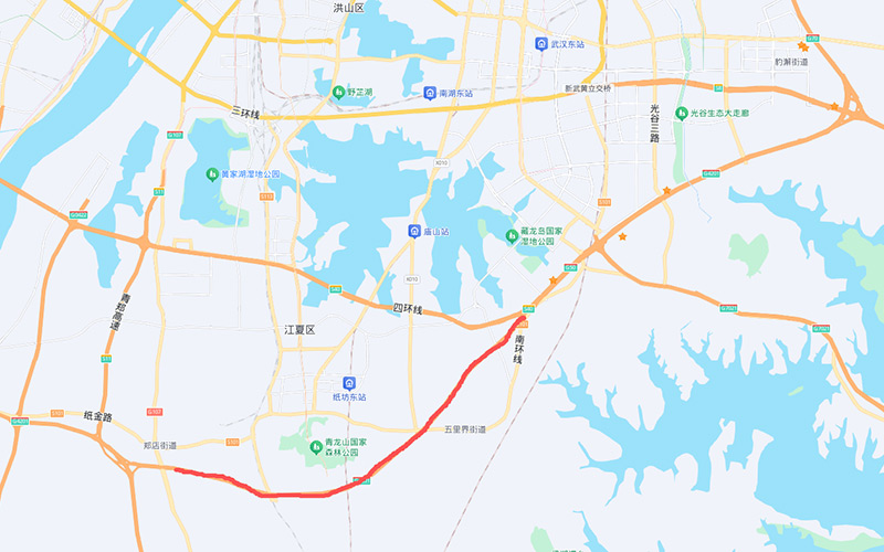 武汉绕城高速公路中洲至郑店段改扩建工程路段示意图。